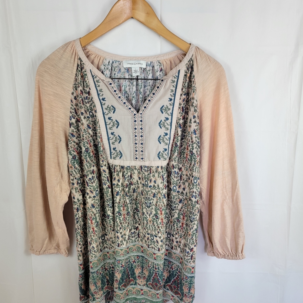 Vintage America boho hippie blouse embroidered, Women's L, green peach floral